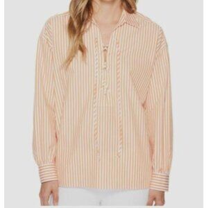 Elliott Lauren Womens Striped Long-Sleeve Blouse XL Orange & White